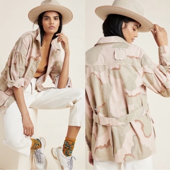 Anthropologie Lida Pink Camo Utility Jacket Size Small Distressed Oversized - Picture 1 of 15